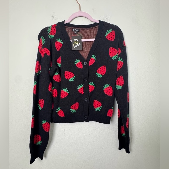 NWT Art Class Strawberry Print Black Cardigan Sweater Button Down XXL (18) Girls - Picture 1 of 10